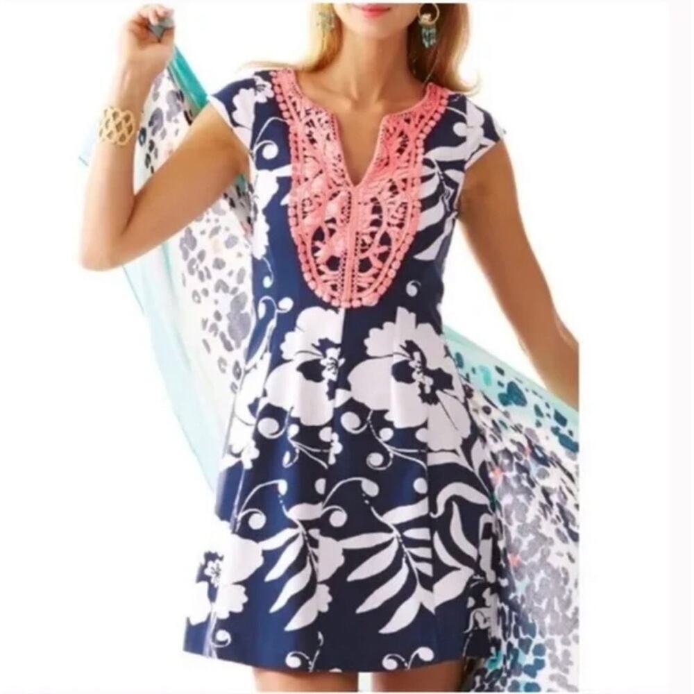 Lilly Pulitzer Navy and White Floral Mini Dress with Pink Lace
